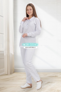 Рубашка - поло медицинская женская "Пике" (белая, длинный рукав) №УФР-МЕД-510