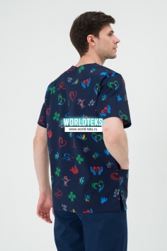 Костюм медицинский мужской (стрейч/принт, черника) №ИМ-М-286(N3-Y2)