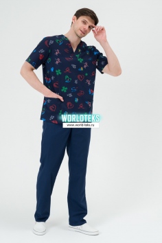 Костюм медицинский мужской (стрейч/принт, черника) №ИМ-М-286(N3-Y2)