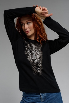  Футболка с длинным рукавом женская - черный+леопард №Н-8513