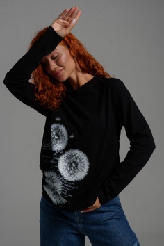  Футболка с длинным рукавом женская - черный+одуванчик №Н-8543