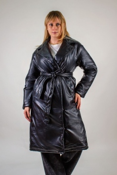 Стеганое теплое пальто из экокожи, арт. - черный №Н-355