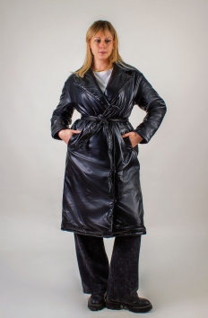 Стеганое теплое пальто из экокожи, арт. - черный №Н-355