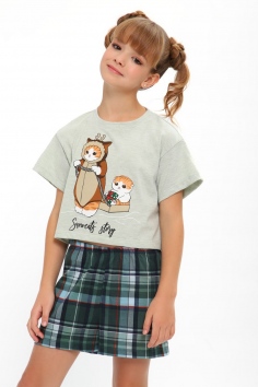 Пижама для девочки ПД-019-073 Кот Новый год - св-зеленый-клетка зеленая